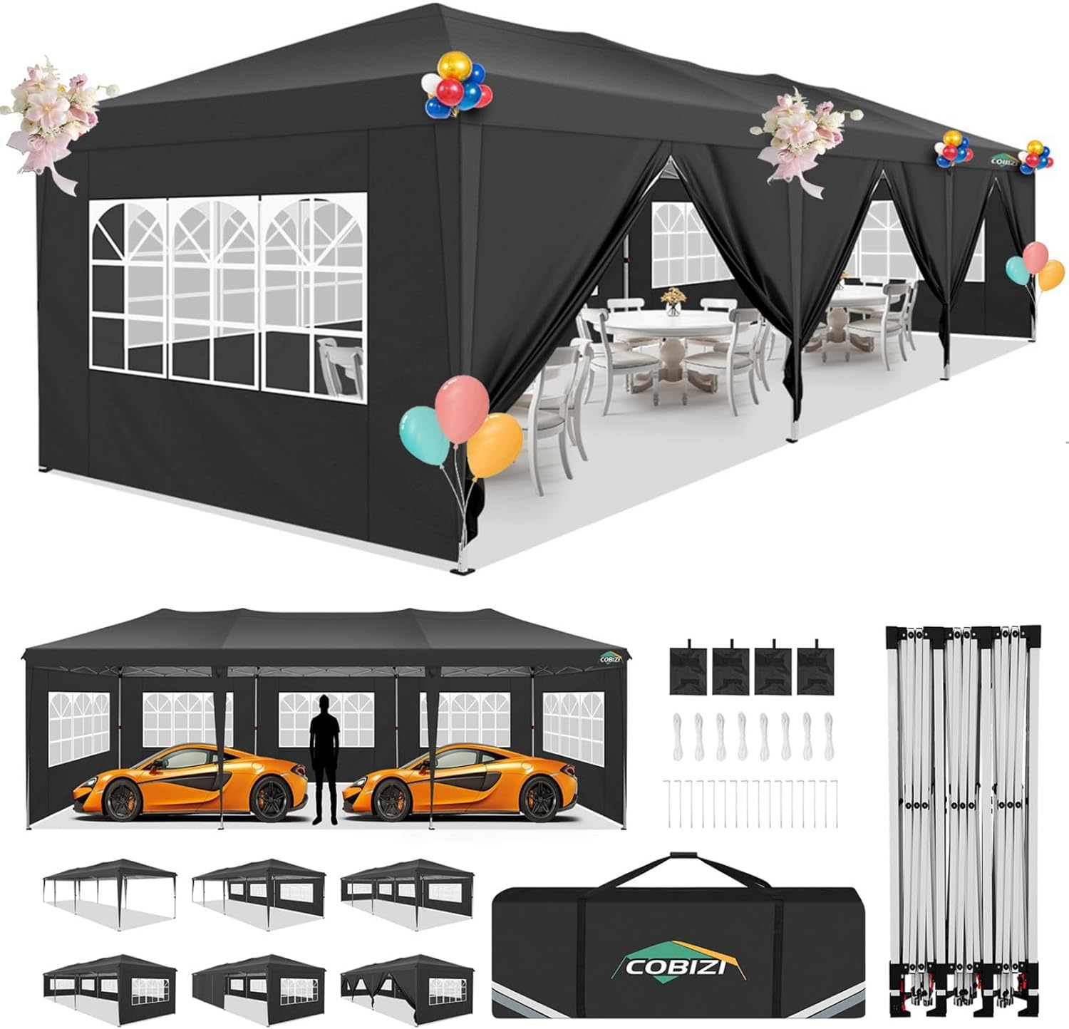 COBIZI - Toldo desplegable de 10 x 20 Pulgadas con 6 Paredes Laterales, toldo Impermeable para Eventos al Aire última intervensión, UPF 50+ cenador portátil para Fiestas, Playa, Camping, Boda,
