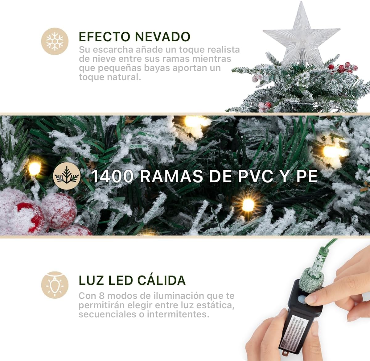 ESQUIMAL Árbol de Navidad Nevado con Luces LED 8 Modos de Iluminación + Estrella + Bayas (Verde Nevado, 1.8 m)