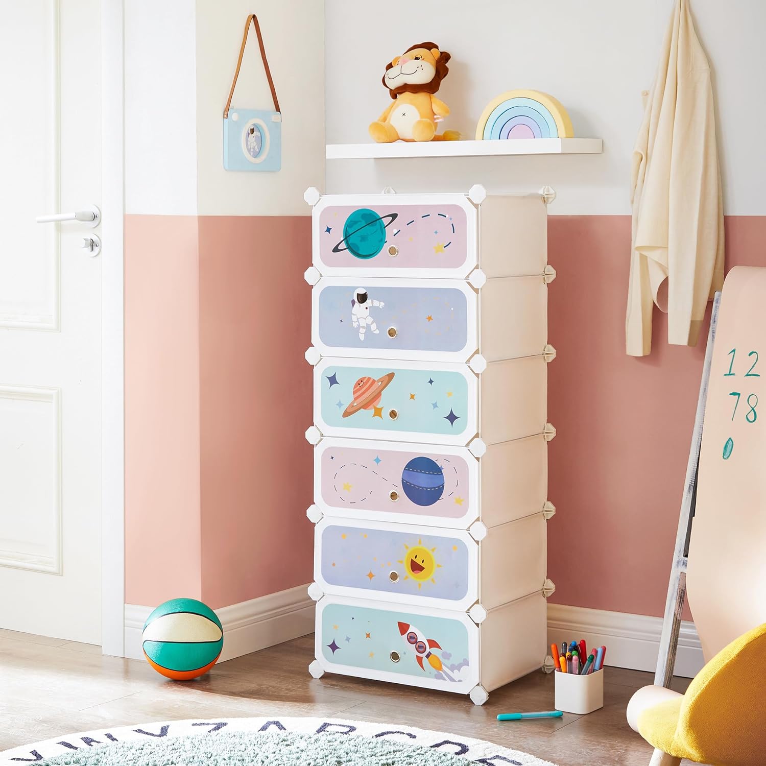 SONGMICS Modular Children's Shelf with 6 Cubes, Children's Shoe Rack, 43 x 31 x 105 cm, Modular Cabinet with Doors, for Clothes, Shoes, Toys, Cloud White MLPC904W01