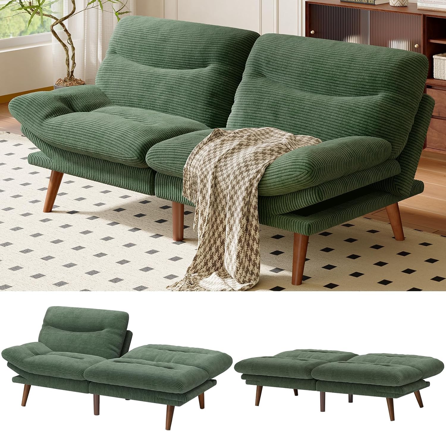 AMADA Sofá Cama Futón Convertible de 66", Juego de Futón Plegable de Pana con Respaldo y Reposabrazos Ajustables, Sillón Reclinable para Sala de Estar, Departamento u Oficina, Marco de Madera Sólida