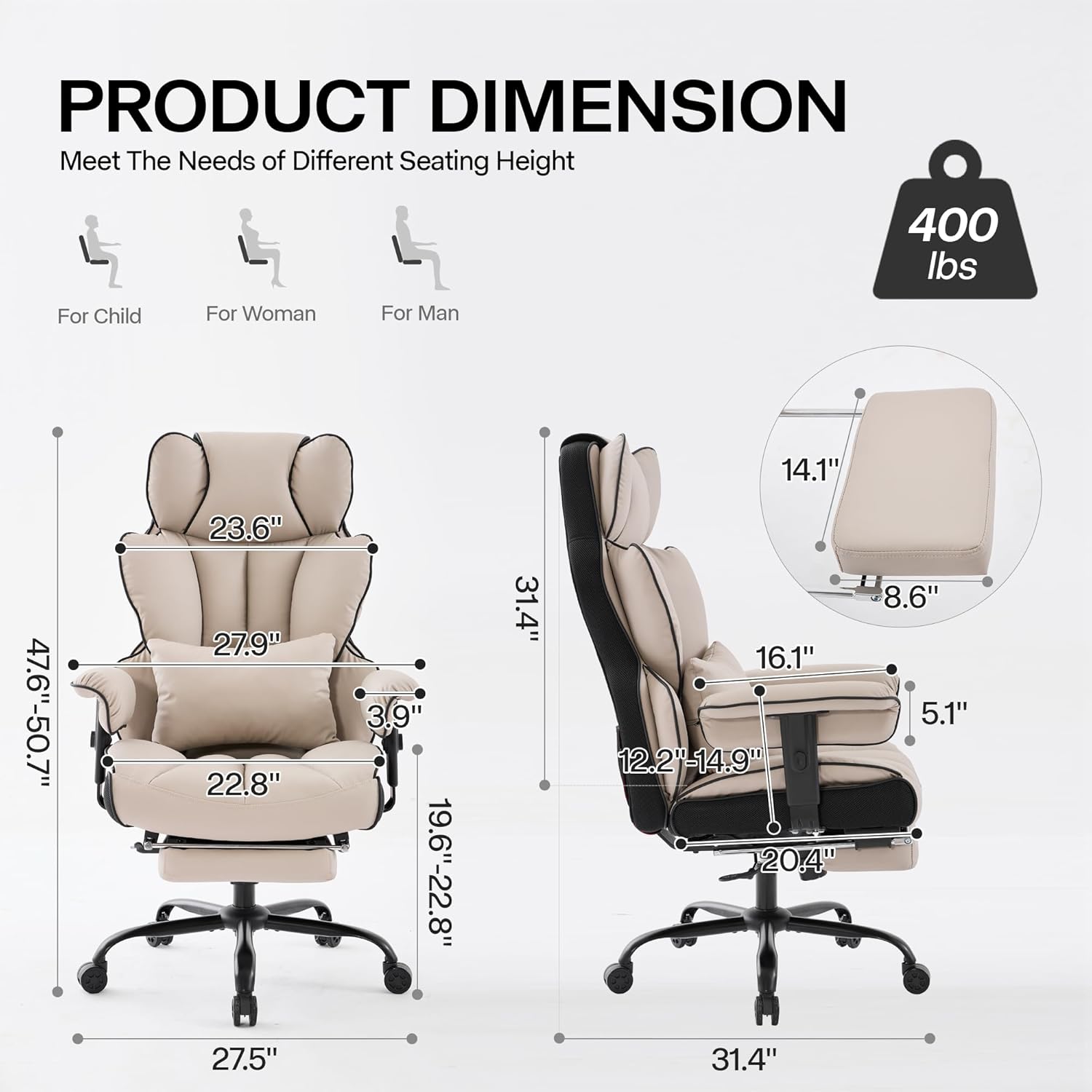 Gzagdecr - Silla de oficina grande y alta de 400 libras, silla de juego de piel sintético con respaldo alto, silla reclinable, silla de oficina ergonómica ejecutiva, soporte lumbar, silla de