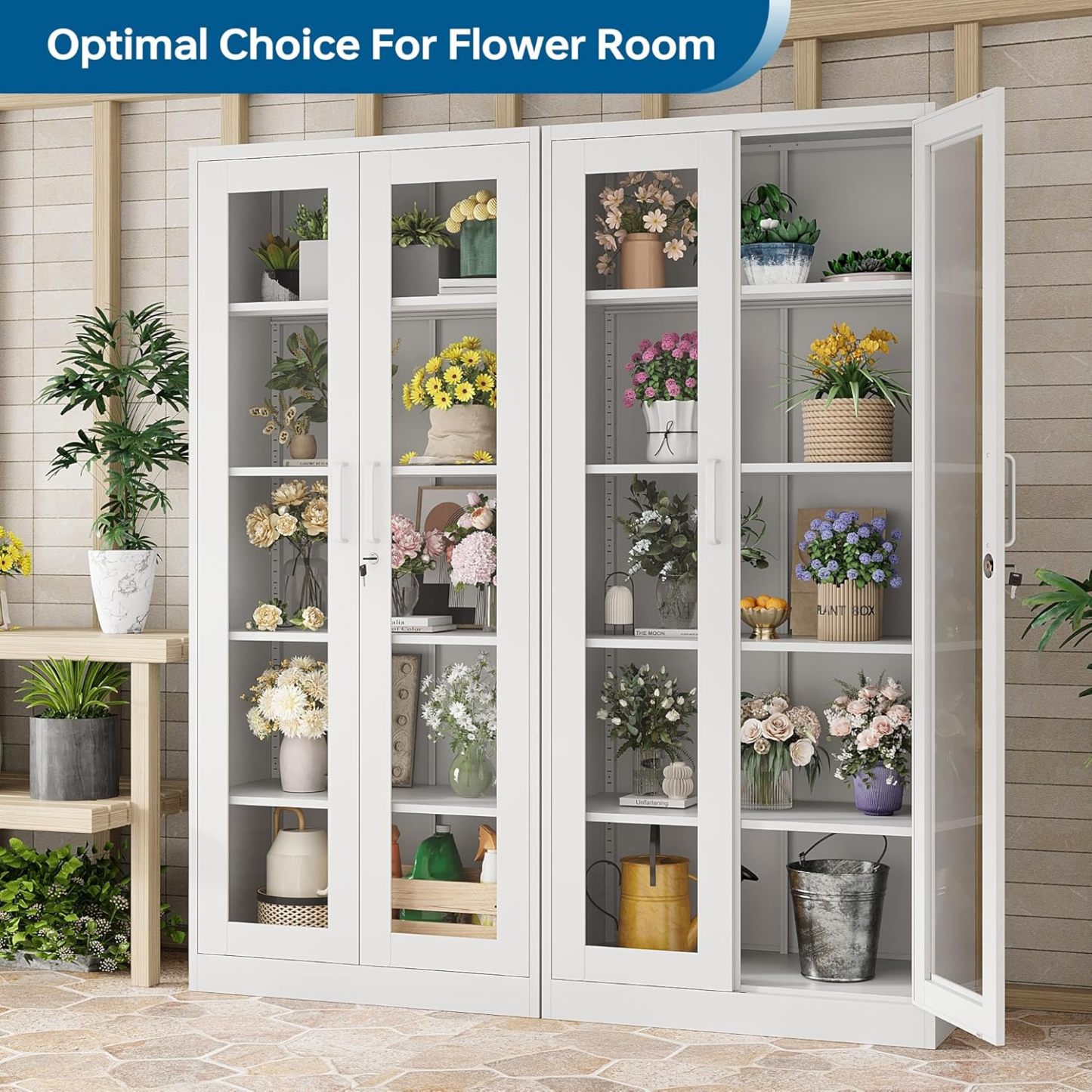 PEUKC - Vitrina con puertas de vidrio, vitrinas con 4 estantes ajustables y cerradura para el hogar, la oficina, la clínica, la despensa, requiere ensamblaje, negro, color madera