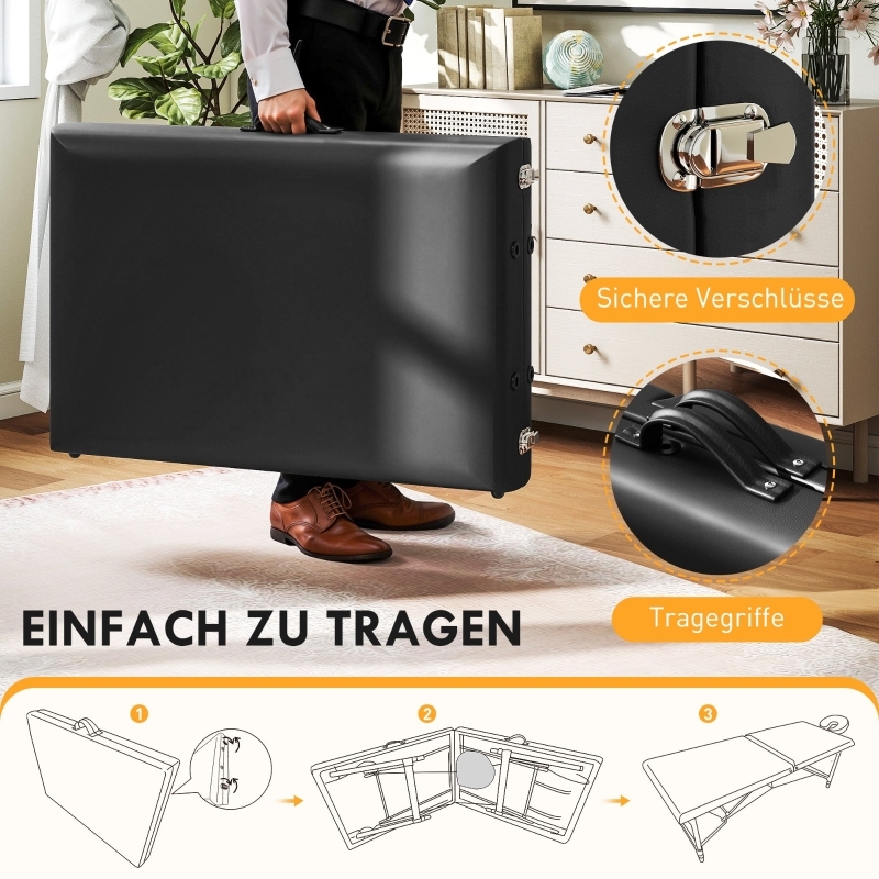 Homcom banco de masaje móvil plegable 2 zonas, altura ajustable, 70 cm ancho con reposacabezas y patas de madera, cama para terapia o relajación cosmética negra, Configuración Profesional de Masaje,Mesa de Masaje Portátil,Muebles Ahorradores de Espacio,Di