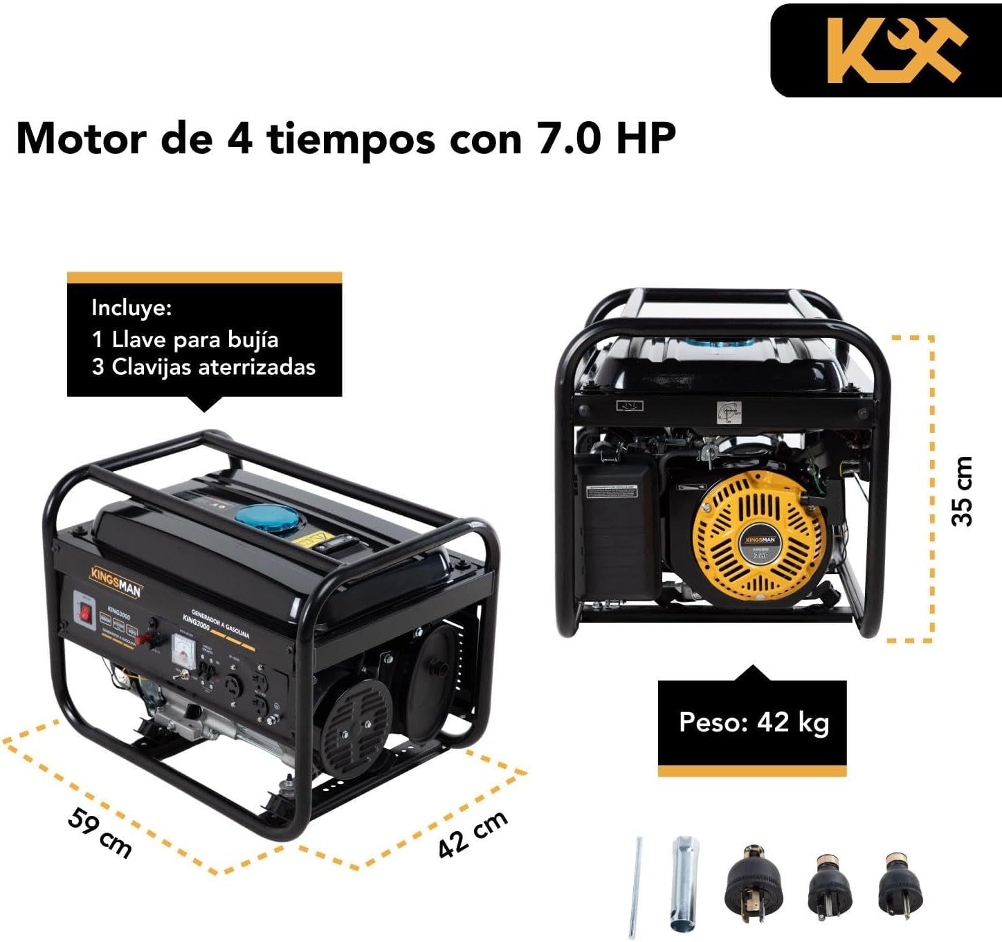 KINGSMAN | Generador Portátil de Energía a Gasolina 3000W - Motor 1 Cilindro 4 Tiempos - Estación de Energía 110/220V - 60Hz - 15L Tanque de Combustible