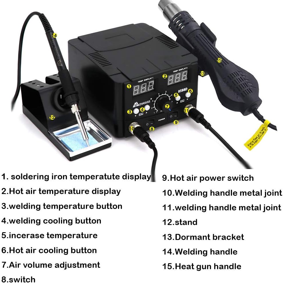 MYPOUOS - Estación de soldadura digital LED 2 en 1 de 750 W, estación de reanudación de pistola de aire caliente, soldador eléctrico para teléfono PCB IC SMD BGA juego de soldadura 110 V (8588D SET1)