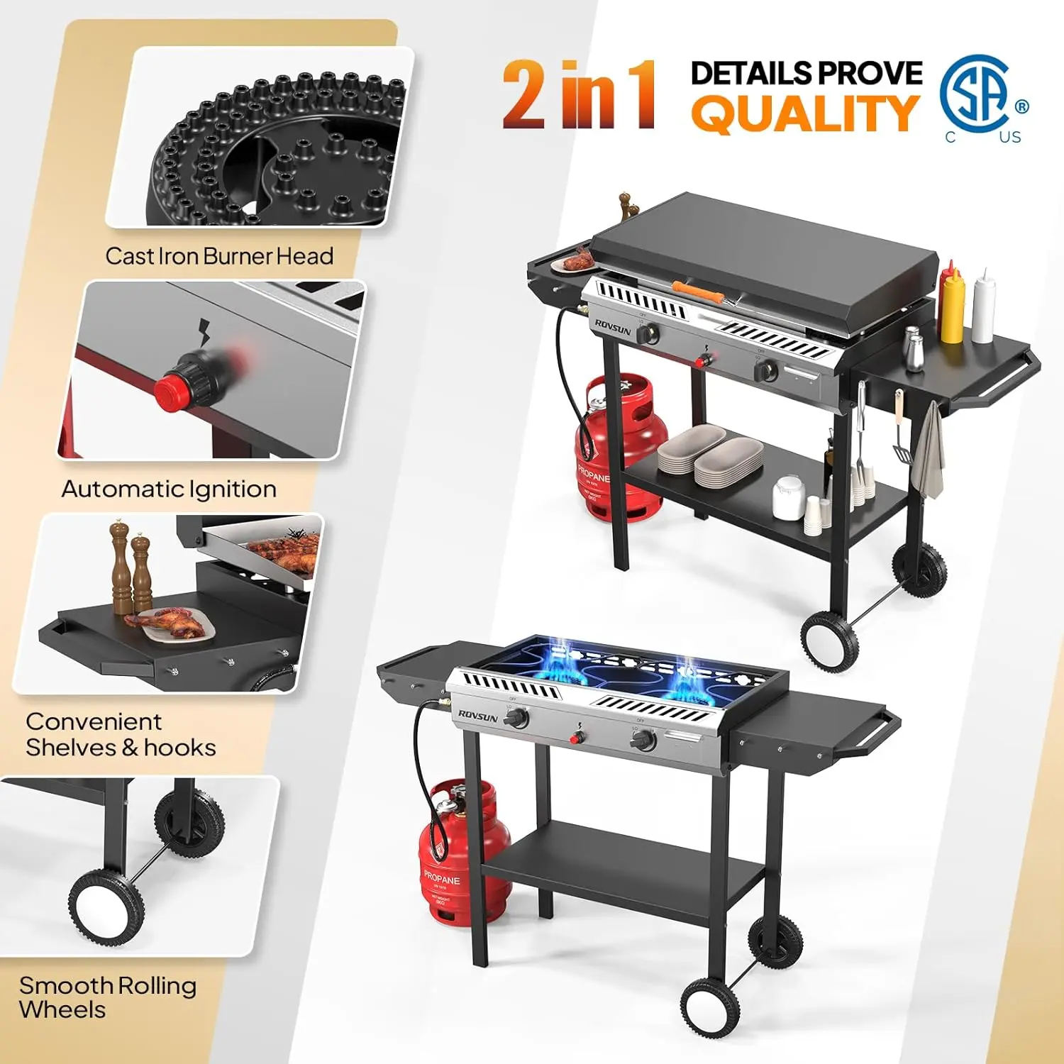 Estufa de gas propano para exteriores de 2/3 quemadores con plancha, encendido automático, regulador y estantes laterales; potente cocina con soporte de 150.000/225.000 BTU, ideal para cocinar en el patio trasero, elaboración casera de bebidas, envasado,