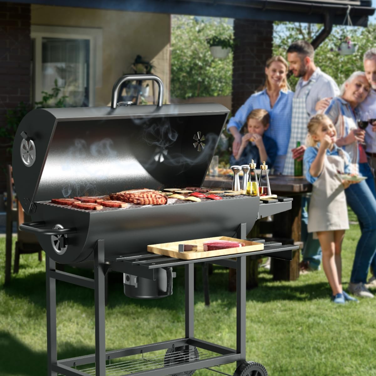 MXLENOBLE Asador de Carbon con Rotación Eléctrica,MXLENOBLE Parrilla de Carbón con temperatura controlada en Forma de Barril (Rotación-Grande - horno individual)
