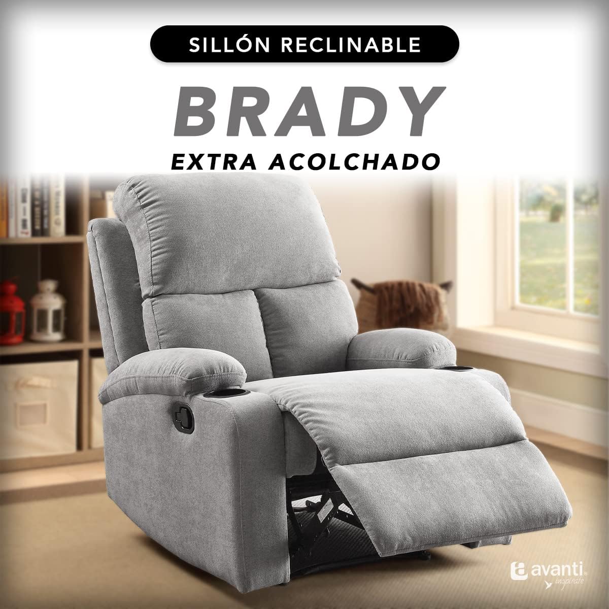 Sillon Reclinable para Adultos Individual - Brady - con Sistema Manual - Reposet de Tela - Varios Colores (Gris).