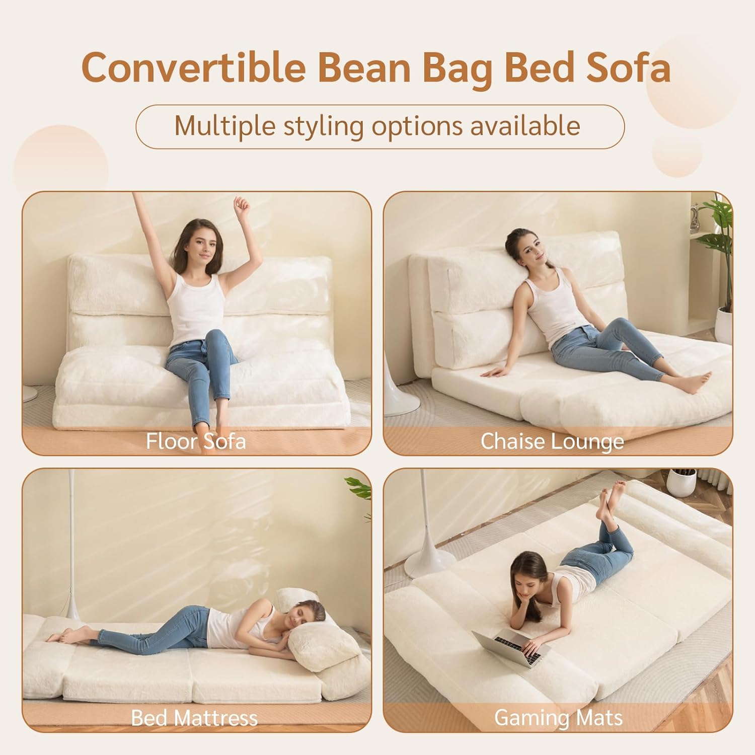 MAXYOYO - Puf plegable para sofá, cama, colchón de piso para adultos, extra grueso, 6 pliegues, sofá para recámara, sala de estar, beige, 135 x 240 cm
