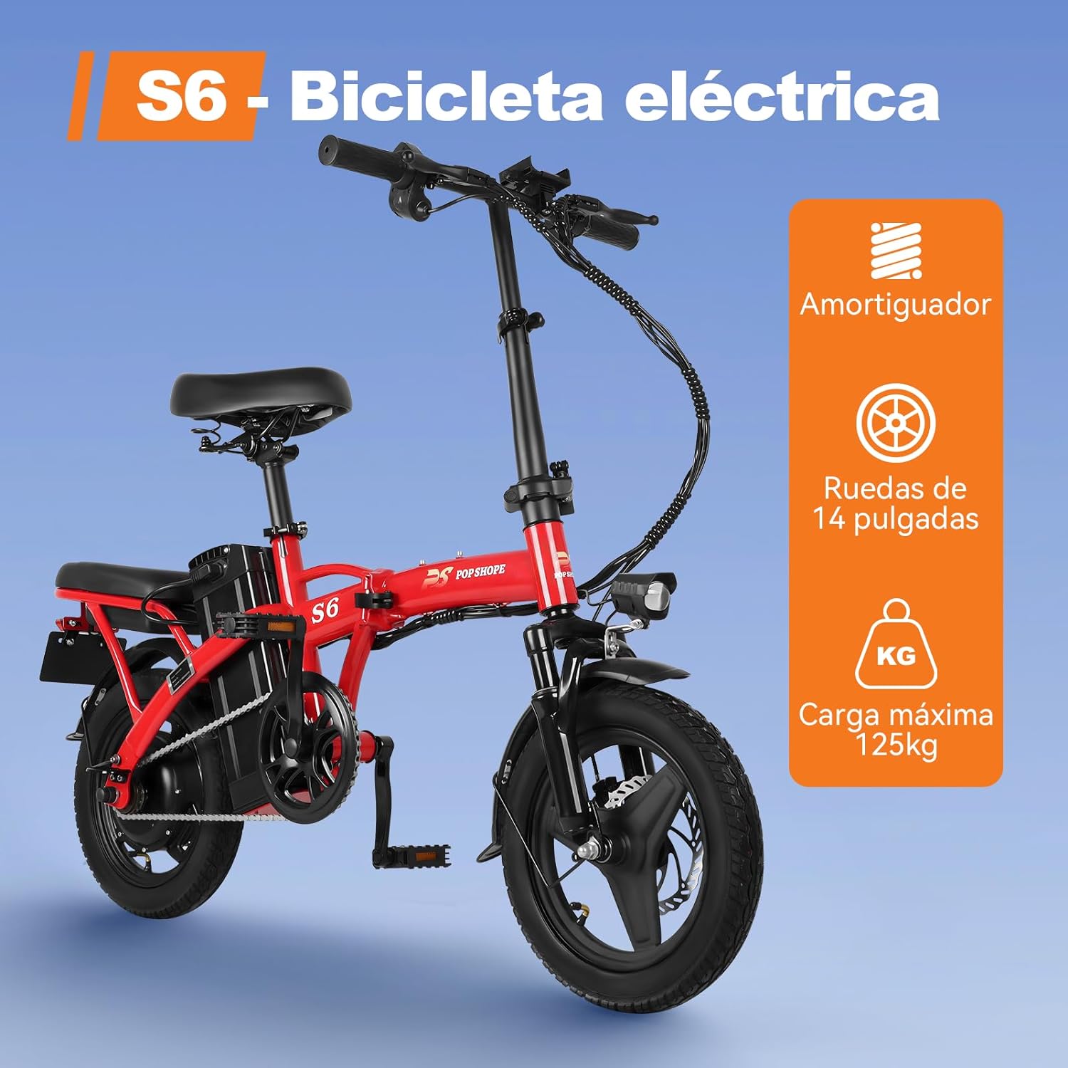 Pop Shope S6 Bicicleta Eléctrica Plegable para Adultos, Velocidad Máxima 35KM/H, Potencia Máxima del Motor 750W, Autonomía 35KM, Batería 48V/10.4AH