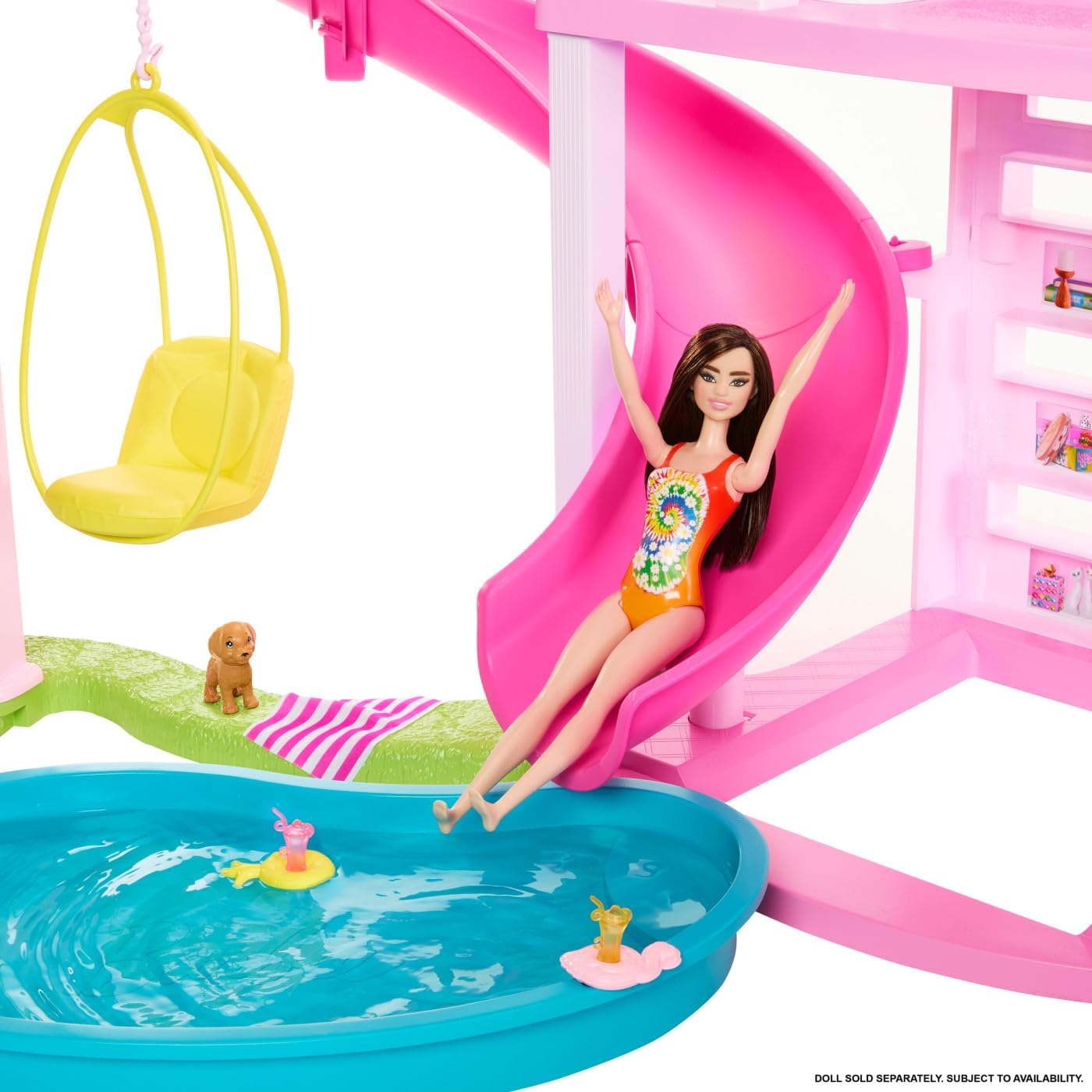 Barbie, Casa de Muñecas, Nueva Casa de los Sueños, para Niñas de 3 Años en Adelante, Mattel, Incluye tobogán y diseño en Espiral de Tres Pisos, Espacios 360° para un Juego más Realista