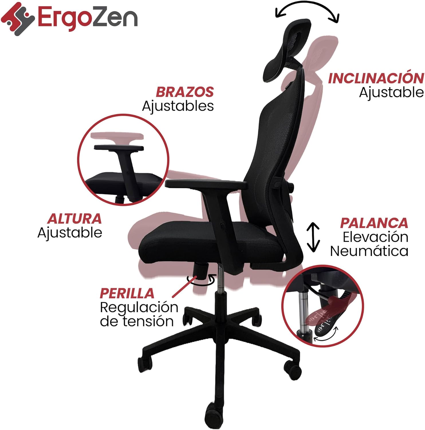 ERGOZEN Silla de Oficina Ergonómica Ejecutiva. Silla Escritorio con Cabecera y Soporte Lumbar Ajustable, Silla ergonomica de Escritorio con Respaldo de Malla y reposabrazos Ajustable.