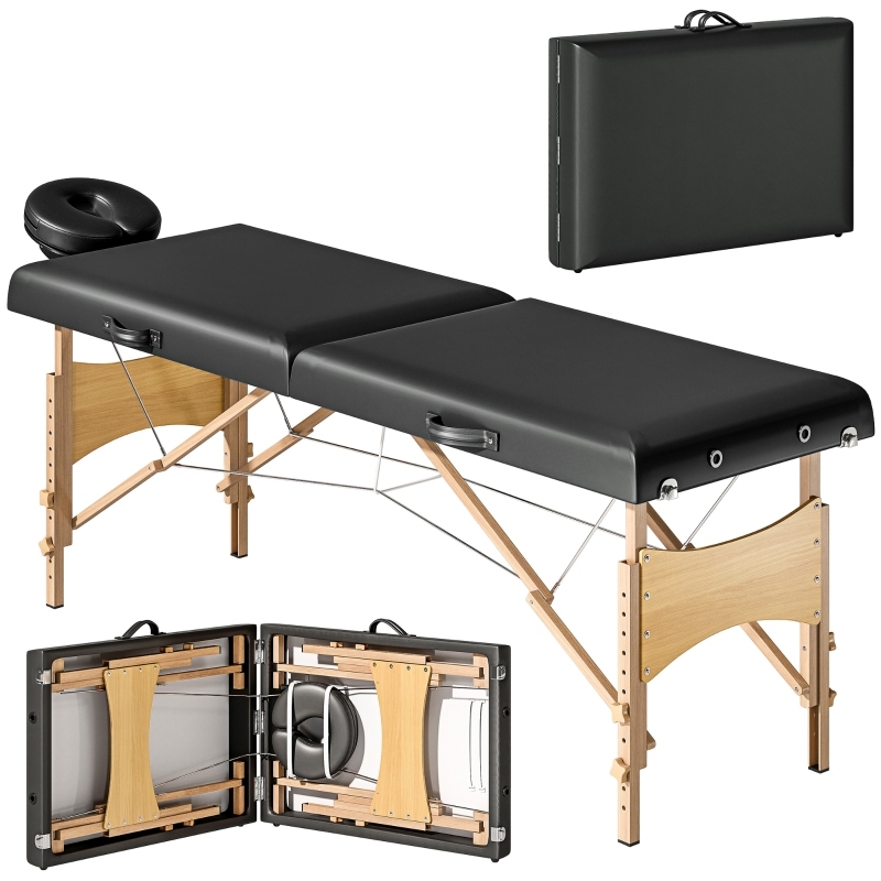 Homcom banco de masaje móvil plegable 2 zonas, altura ajustable, 70 cm ancho con reposacabezas y patas de madera, cama para terapia o relajación cosmética negra, Configuración Profesional de Masaje,Mesa de Masaje Portátil,Muebles Ahorradores de Espacio,Di