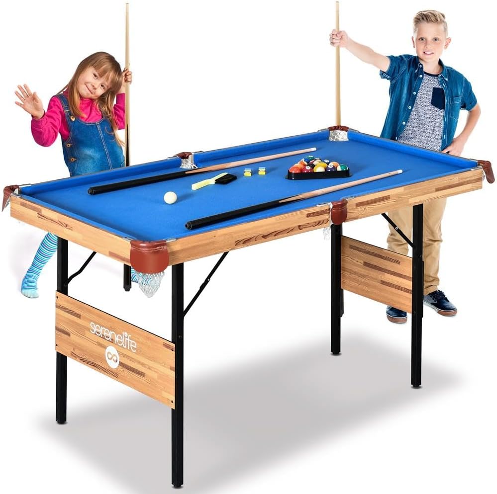SereneLife Mesa de Billar Plegable de 1,4 m, Mesa de Juego de Billar portátil Plegable de 54 Pulgadas, para niños y Adultos, con Accesorios, Juegos de Interior y Exterior con Palos, Taco, Bolas y