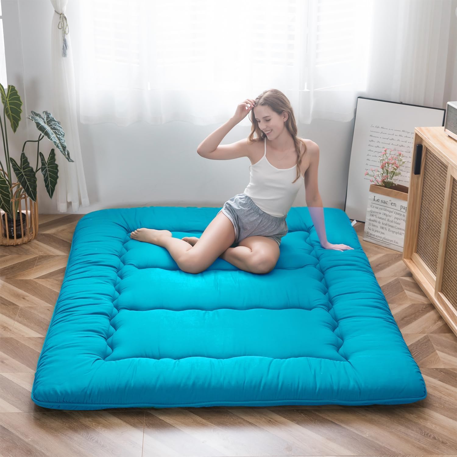 MAXYOYO - Puf plegable para sofá, cama, colchón de piso para adultos, extra grueso, 6 pliegues, sofá para recámara, sala de estar, beige, 135 x 240 cm