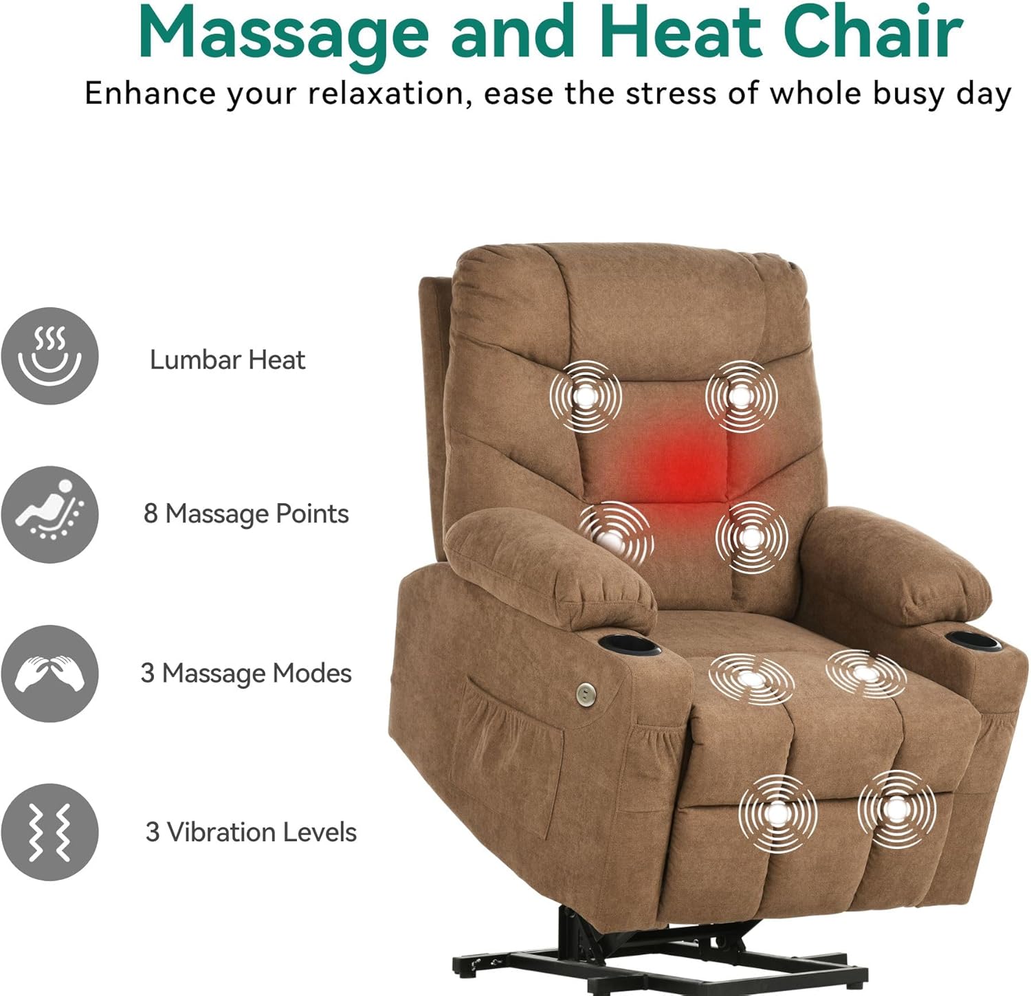 YITAHOME Silla reclinable con elevación eléctrica para Ancianos, Silla reclinable de Tela con Masaje y Calor, Asiento Espacioso, Puertos USB, portavasos, Bolsillos Laterales, Control Remoto (café)