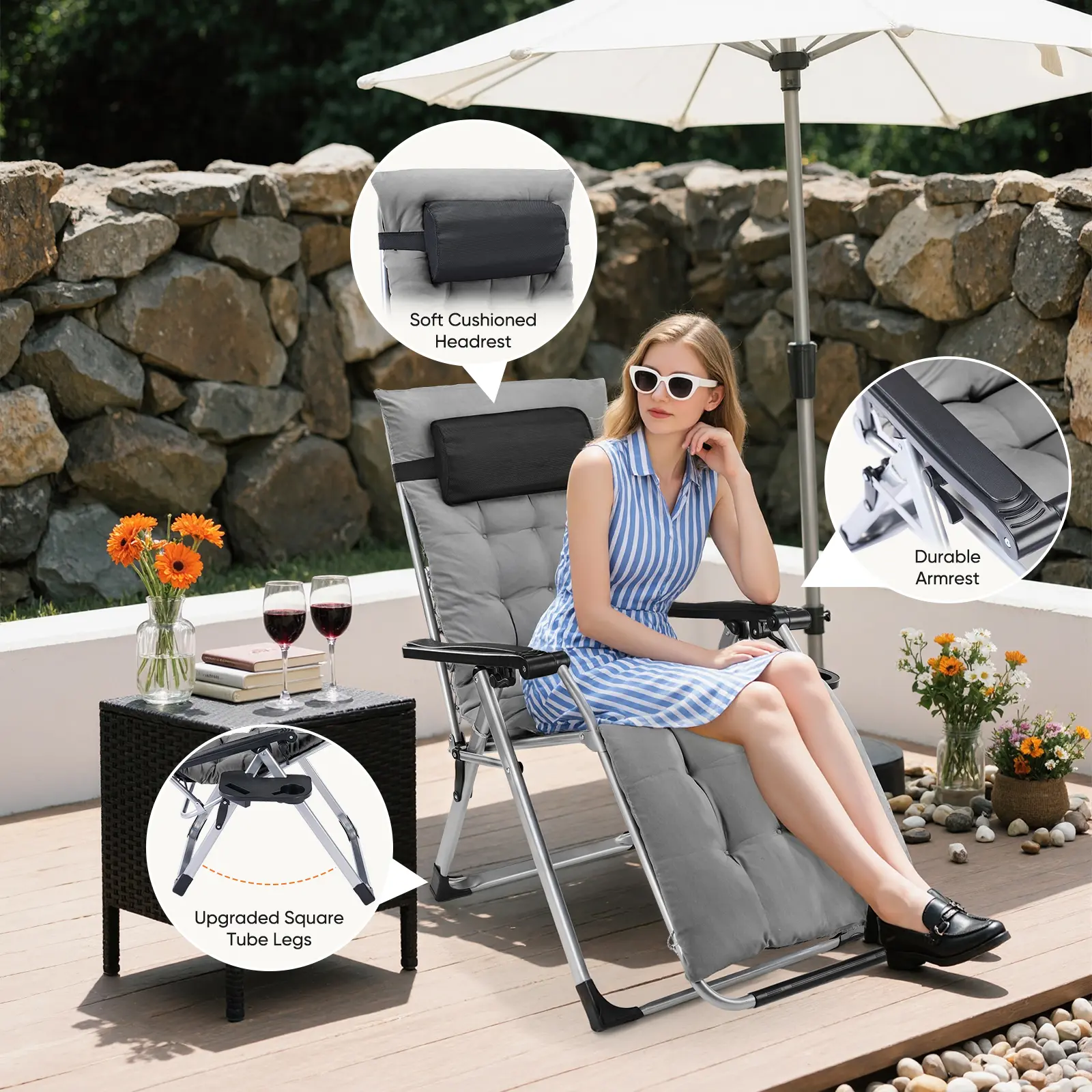 【Regalo para el Día de San Valentín】Silla Zero Gravity, Silla de Lounge para Camping Reclining, Sillas de Patio con Bandejas para Tazas y Cojín Removible, Reclinable Plegable para Uso Interior y Exterior.