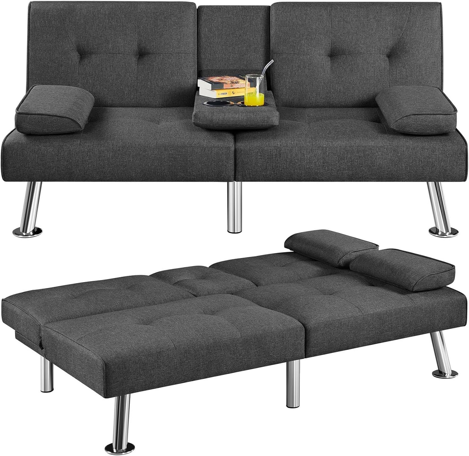 Yaheetech - Sofá Cama Convertible Ajustable, Moderno sillón reclinable de Piel sintética Reversible, sofá Cama Plegable, reposabrazos extraíbles, portavasos, 3 ángulos, Capacidad de 700 Libras, Color