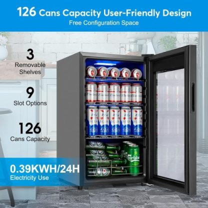 Refrigerador de bebidas de 17 pulgadas de ancho - Enfriador de bebidas para 126 latas con puerta de vidrio | Mini refrigerador para bebidas y cerveza de encimera/independiente | Memoria de temperatura | Puerta invisible |