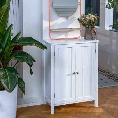Gabinete de Almacenamiento para Piso de Baño con Puerta Doble, Estante Ajustable, para Baño, Sala de Estar, Cocina, Estilo Nórdico Escandinavo, Fácil Montaje