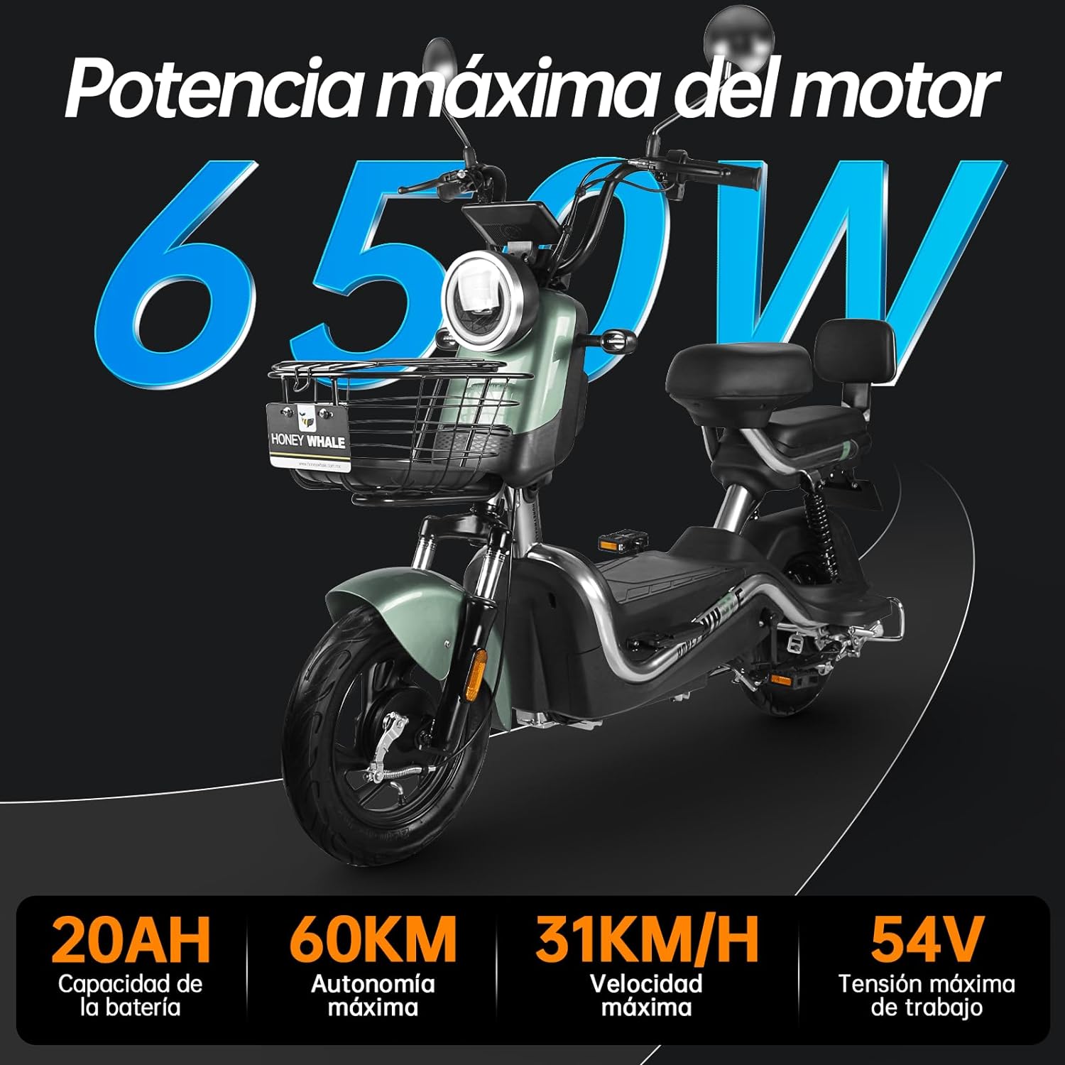 HONEYWHALE U3s Bicicleta Electrica para Adultos, Bicimoto Eléctrica con Alarma, Máxima del Motor 650W, Velocidad Máxima 31KM/H, Autonomía 55-60KM, Baterías de Gran Capacidad de 20AH, Dos Asientos