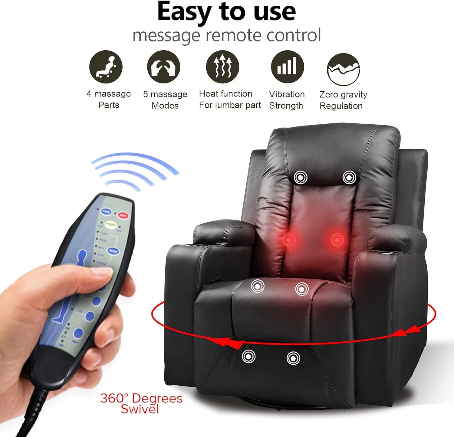 COMHOMA - Silla reclinable de Piel con calefacción y Masaje ergonómico Giratorio de 360 Grados, Soporte para Bebidas para sofá Individual, Silla de Sala de Estar, Color Negro