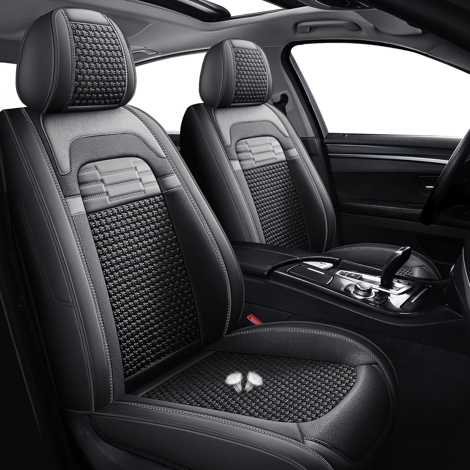 hikeaglauto Juego completo de fundas de asiento de coche, de piel sintética para autos, SUV, súper transpirables, universales, para la mayoría de los sedanes (juego completo, negro)