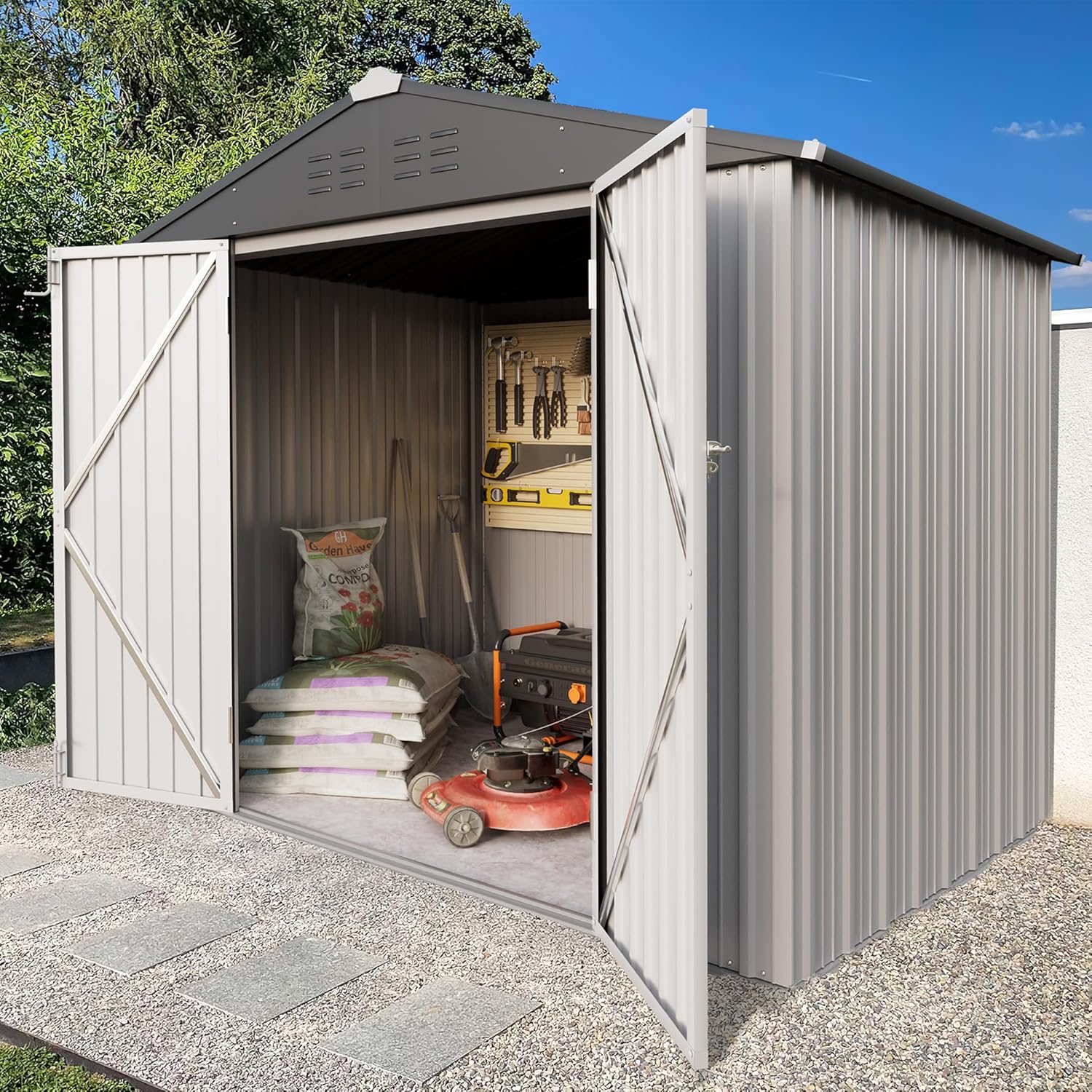 Greesum - Cobertizo de almacenamiento de metal para exteriores, 5 pies x 3 pies, herramienta de acero para cobertizo de almacenamiento con puerta y cerradura, para patio trasero, jardín, patio, césped (5 x 3 pulgadas), color café