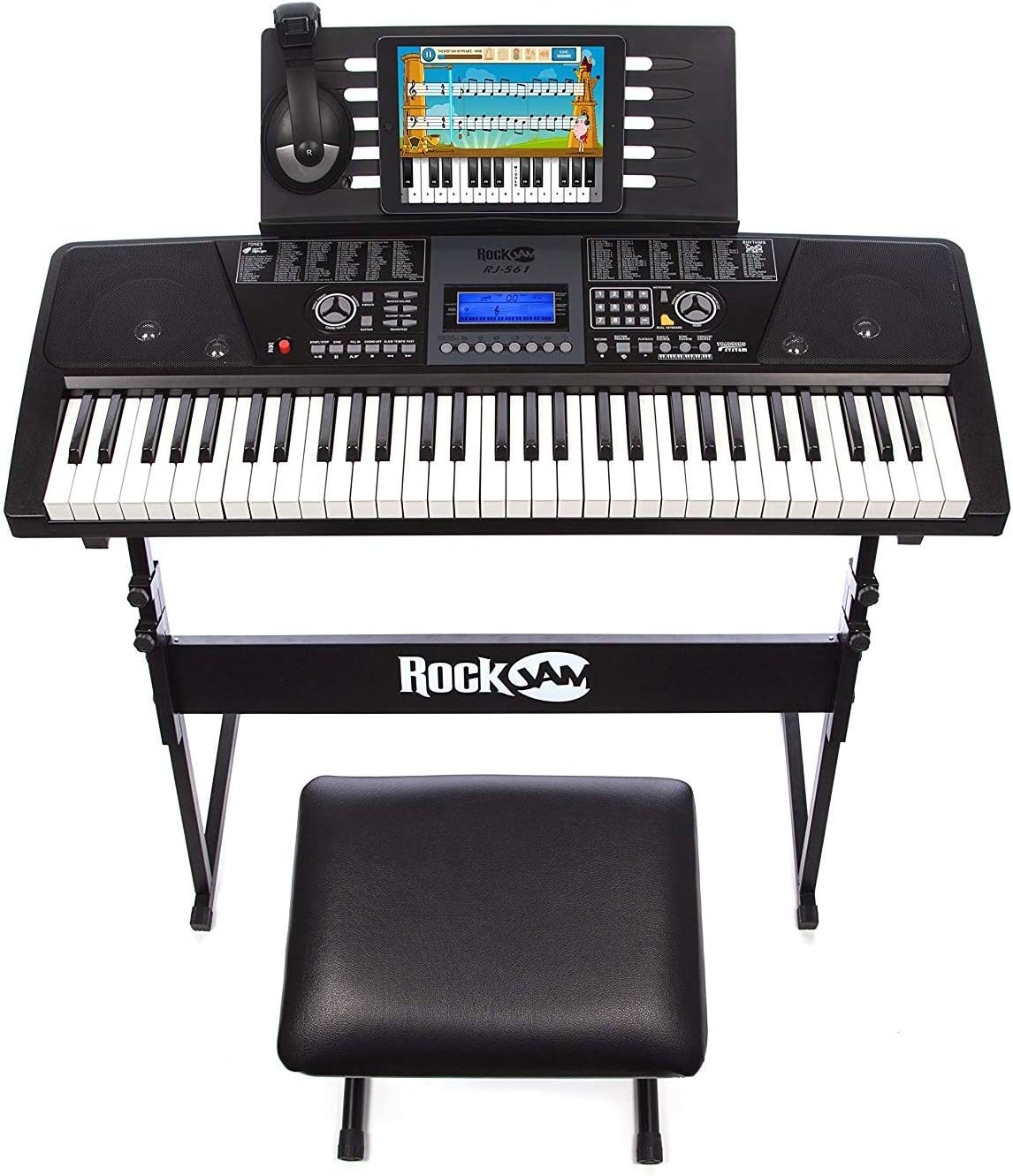 RockJam - Kit de piano con teclado de 61 teclas con banco para teclado, soporte para teclado, auriculares, pegatinas para notas de piano y lecciones de piano Simply