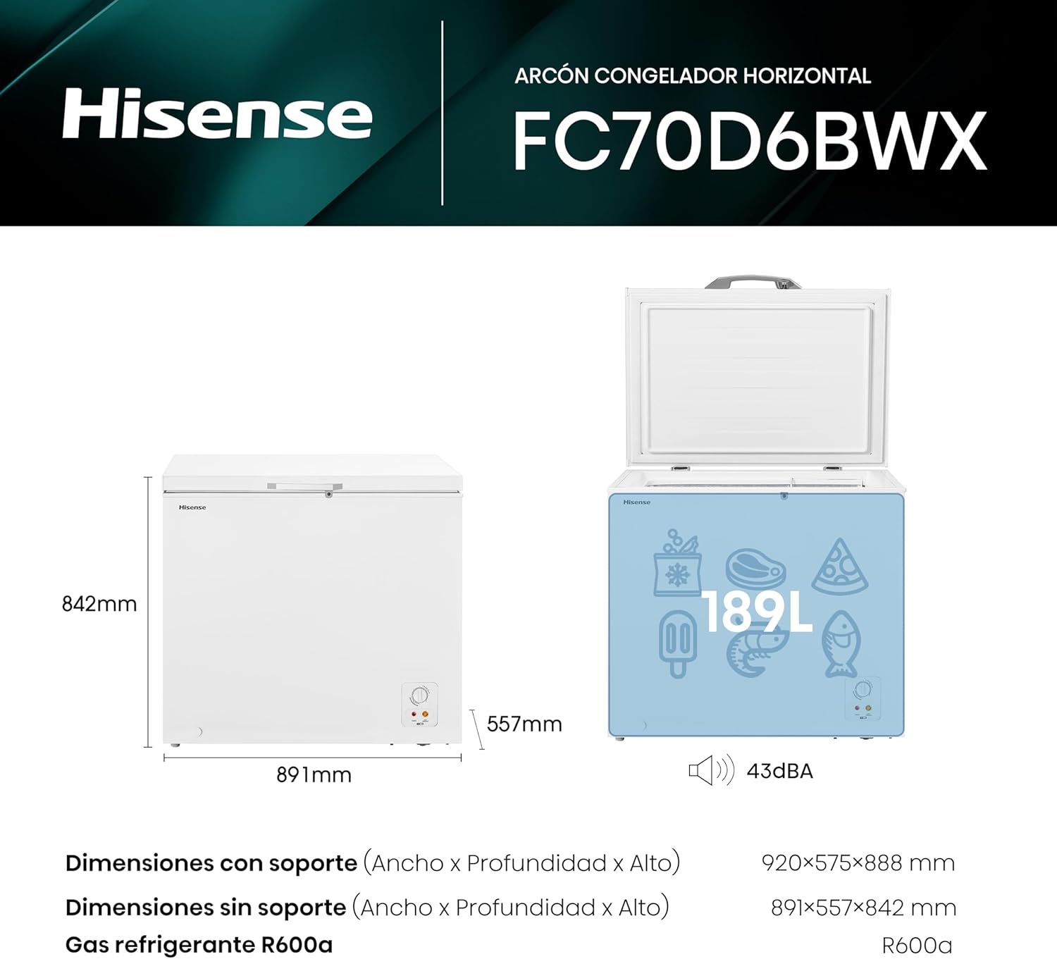 Hisense FC50D6AWX Congelador, 5 pies cúbicos, Temperatura ajustable, Fast Freeze, Cerradura de seguridad, 62x56x85cm(AnchoxLargoxAlto), Blanco