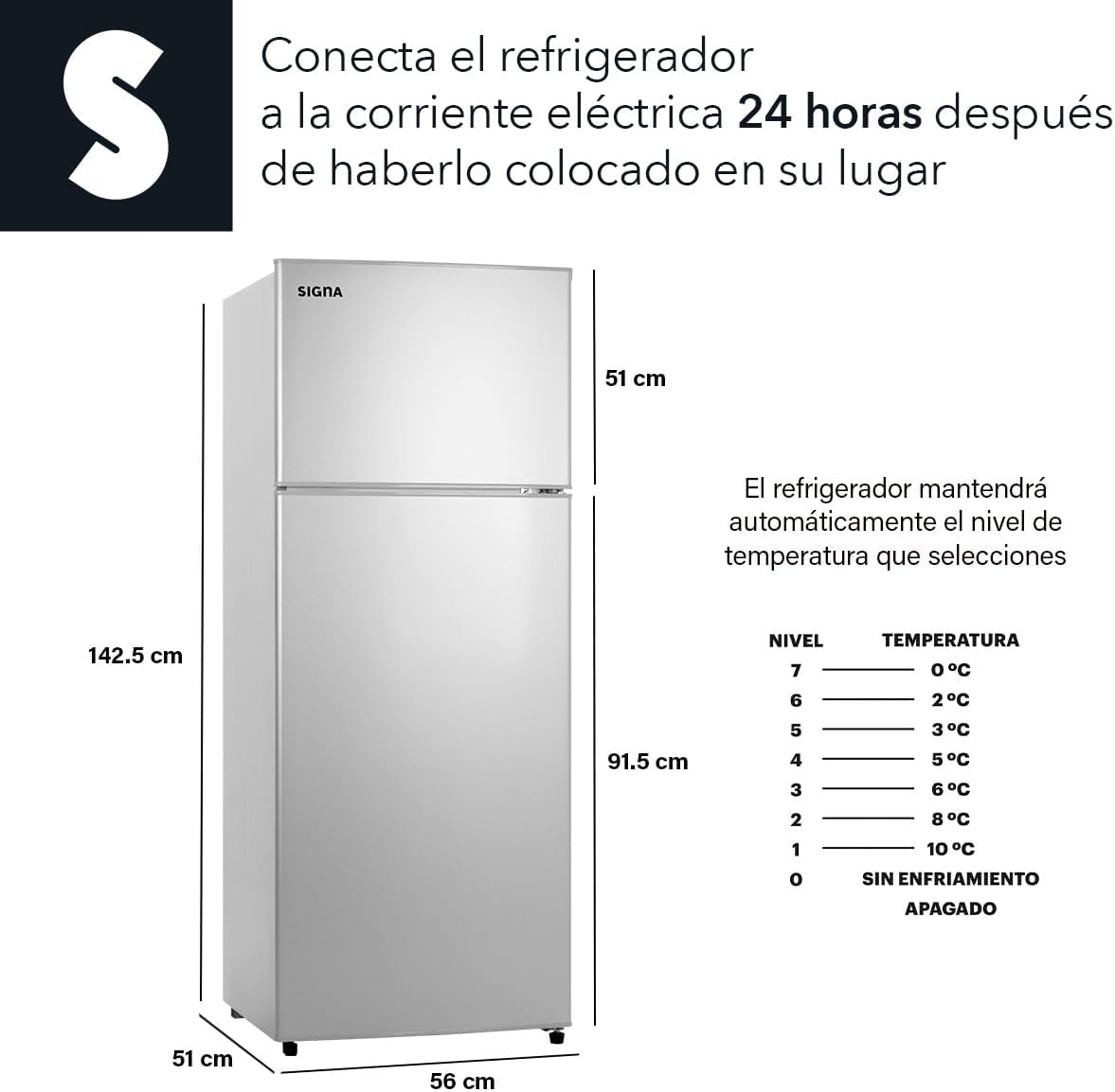 SIGNA Refrigerador 210L (7.4 pies cubicos) Frigobar Compacto Silver Refrigerador Con congelador de Acero Inoxidable Ideal Para Espacios Pequeños Frigobar Multifuncional (Plateado)