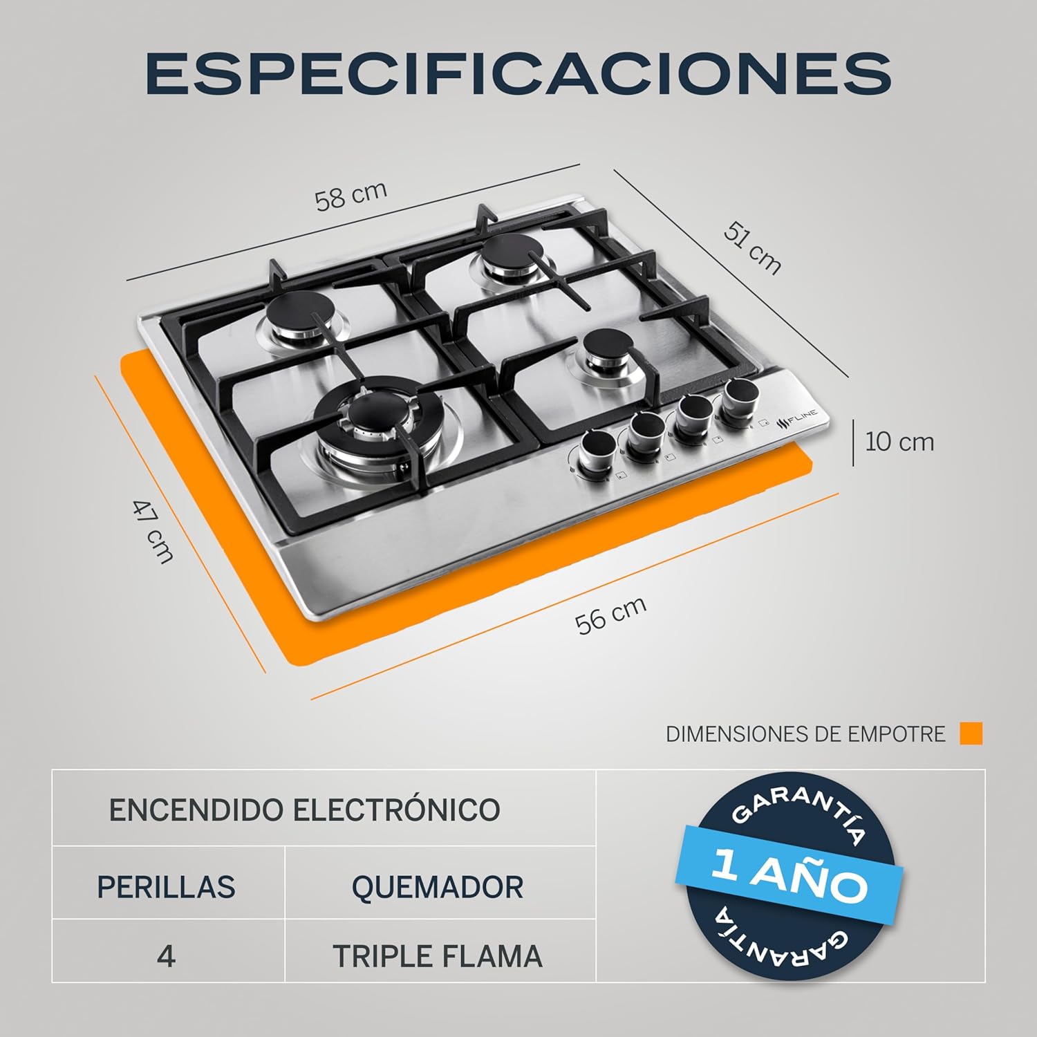 Parrilla De Gas Empotrable 4 Quemadores | Acero Inoxidable | Gas LP Y Gas Natural | Encendido Electrónico | Estufa De Mesa | Parrilla De Inducción | Fácil Limpieza