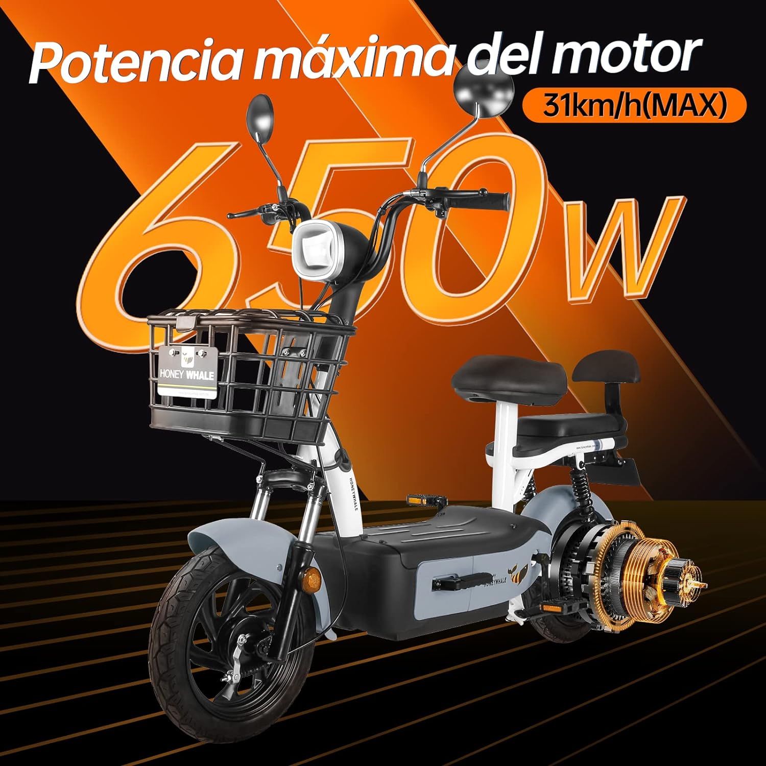 HONEYWHALE U1s Bicicleta Electrica para Adultos, Bicimoto Eléctrica con Alarma, Máxima del Motor 650W, Velocidad Máxima 31KM/H, Autonomía 60-65KM, Baterías de Gran Capacidad de 20AH, Dos Asientos