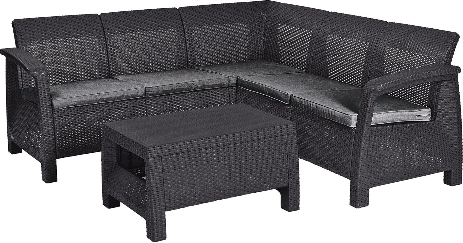 Keter Set de jardín Corfu, 4 Piezas, Sillon Dos plazas de Jardin Estilo ratán, Color Grafito