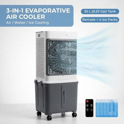 Portable Air Cooler Fan, 3-IN-1 Evaporative Tank Fan Swamp Cooler aire acondicionado portatil with Remote, 3 Modes 3 Speeds &12H Timer, 1.16/9.5Gal ,4 Ice Packs & 4 Wheels, 45° Oscillation, Quiet for Room Home Office