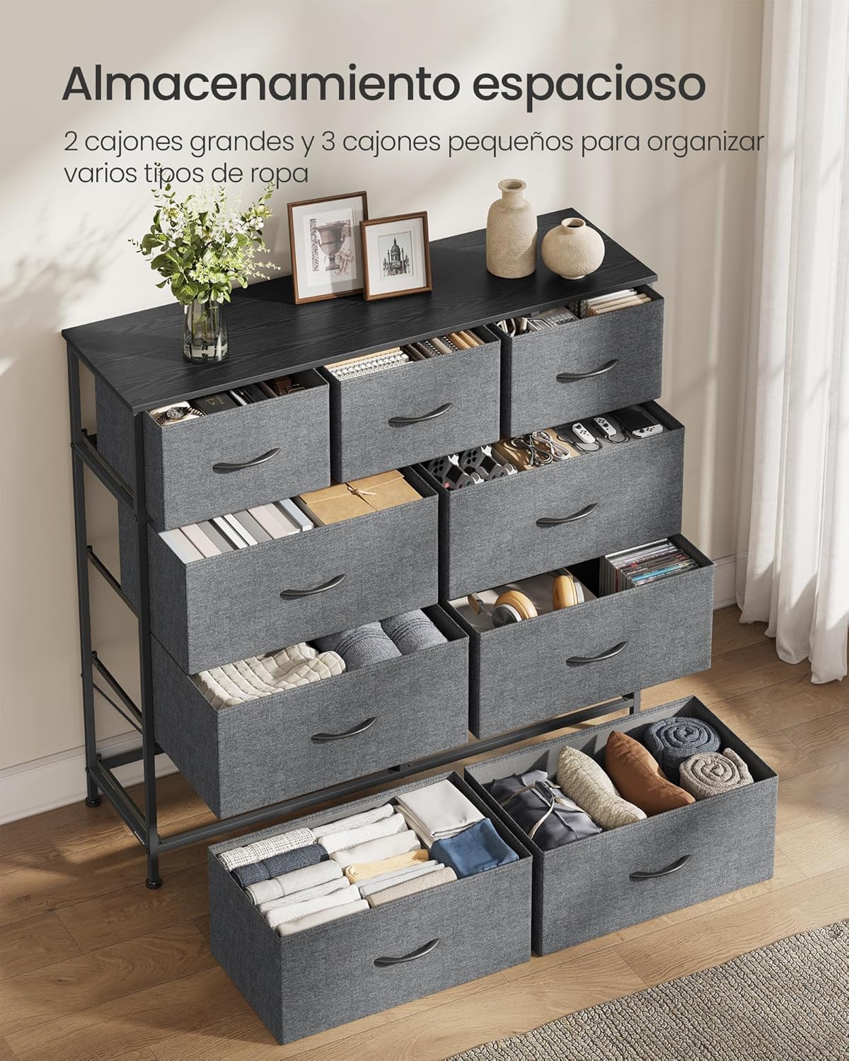 SONGMICS Cómoda, con 9 Cajones, Mueble de Almacenaje, Tela no Tejida, para Dormitorio, Recibidor y Salón, Gris Pizarra MLGS324G101