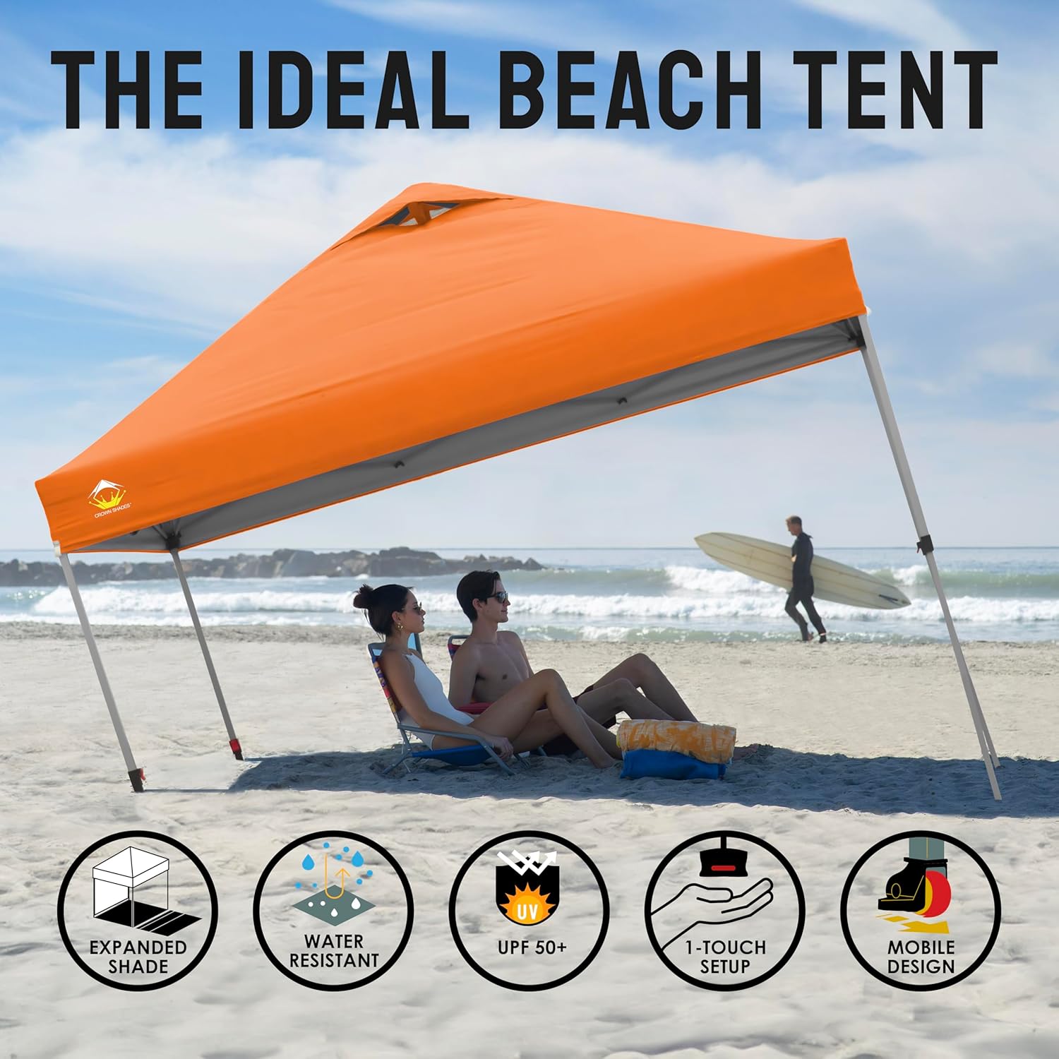 CROWN SHADES - Toldo desplegable para la Playa, fácil de armar, para el Aire Libre, Eventos, Fiestas, Campamento, Cubierta STO-N-Go, Parte Superior recubierta de Plata, 10 x 10 Pulgadas, Blanco