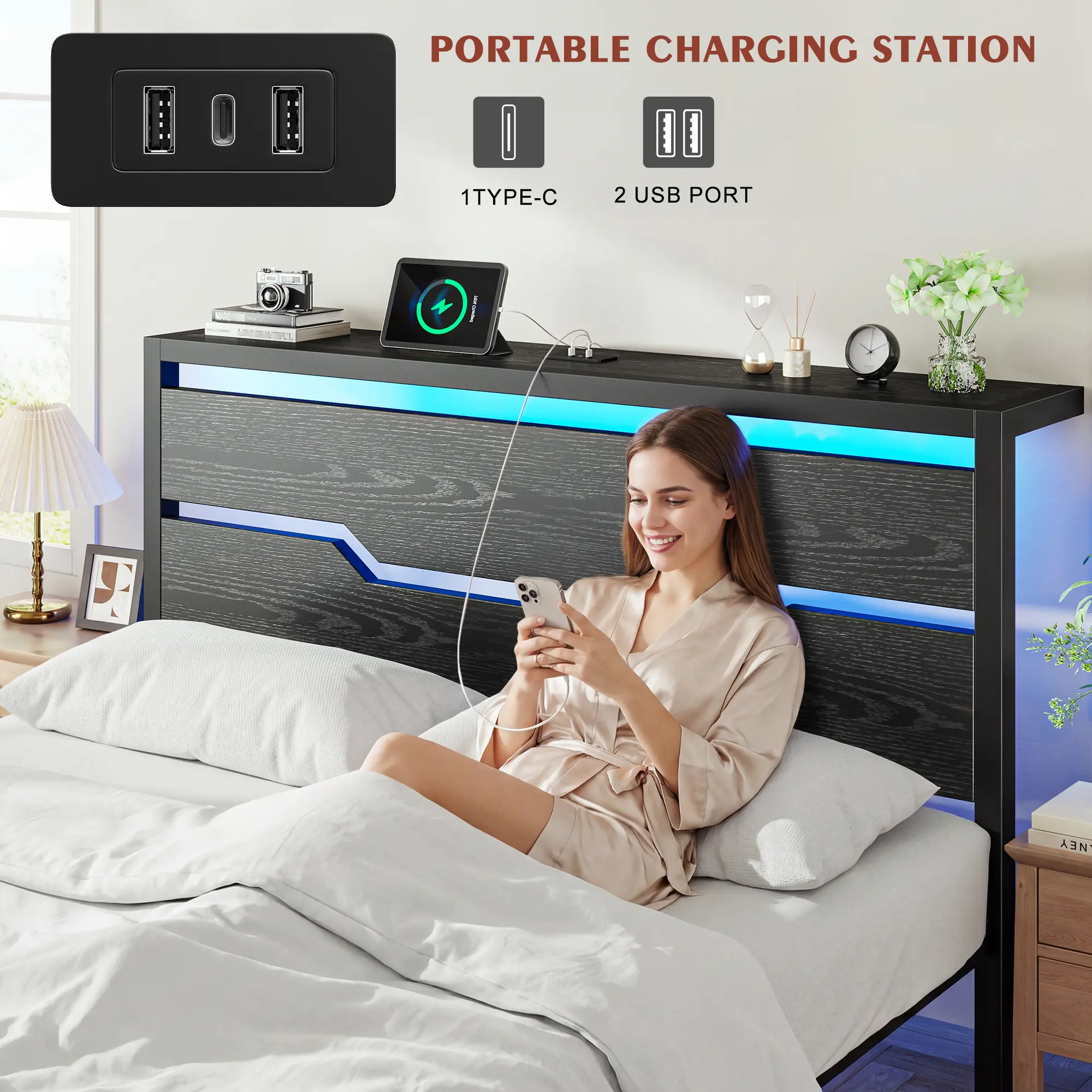 Estructura de cama Raybee con luces LED (tamaños Queen, King y Full), cabecero y estante de almacenamiento; diseño moderno e industrial de madera y metal con estación de carga integrada; silenciosa y resistente (capacidad de 900 libras); incluye somier de