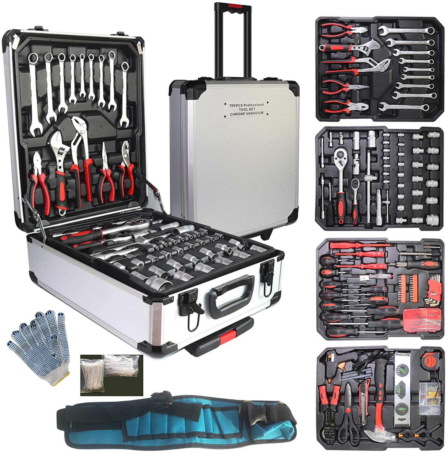 Arcwares Juego de herramientas de aluminio de 799 piezas, color plateado, juego de herramientas de mano para el hogar, con cinturón de herramientas, regalo en el día del padre (negro)