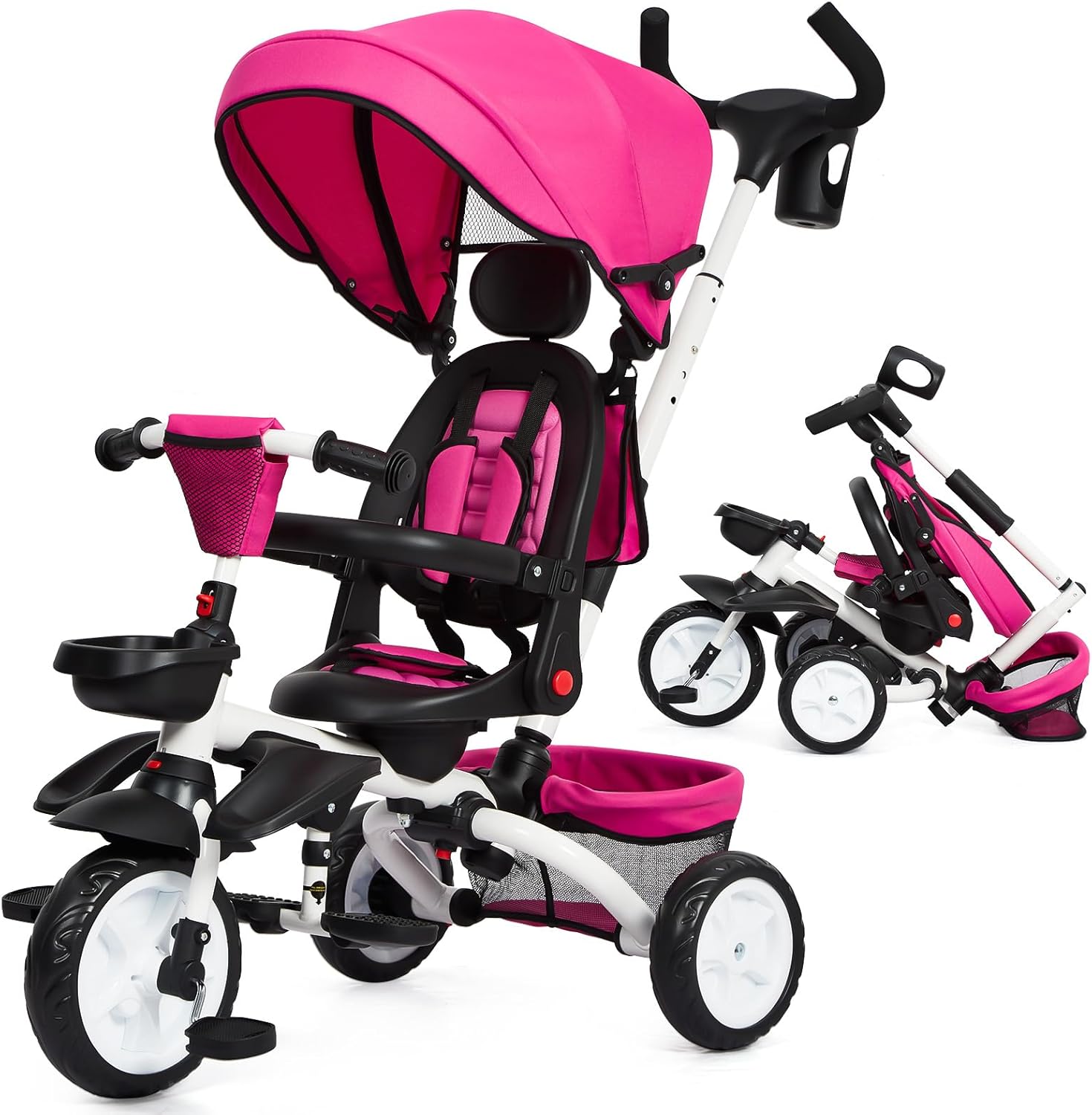 Babevy - Triciclo para bebé, 7 en 1, Plegable con Mango de Empuje Ajustable extraíble, toldo, Asiento Giratorio, arnés de Seguridad, portavasos y Almacenamiento, Triciclo para niños de 1 a 5 años