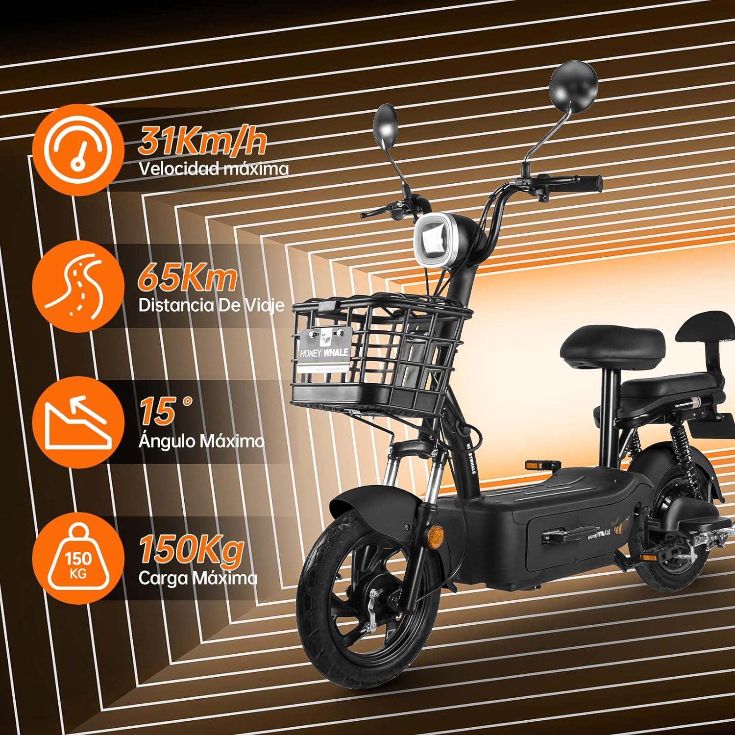 HONEYWHALE U1s Bicicleta Electrica para Adultos, Bicimoto Eléctrica con Alarma, Máxima del Motor 650W, Velocidad Máxima 31KM/H, Autonomía 60-65KM, Baterías de Gran Capacidad de 20AH, Dos Asientos