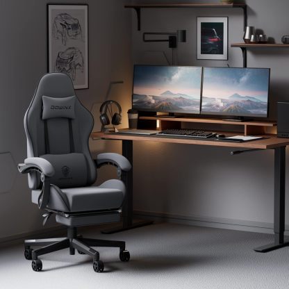 Dowinx - Silla de Juego de Tela con cojín de Resorte de Bolsillo, Silla de Juego de Masaje con reposacabezas, Silla ergonómica de computadora con reposapiés de 300 Libras, Negro y Gris