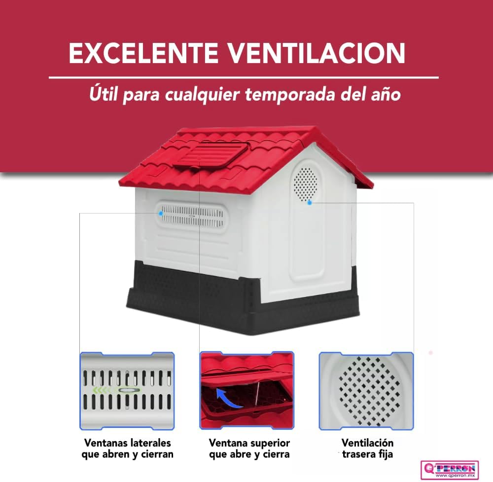 Q PERRON Casa para Perros Grande de Plástico con Puerta Métalica de 105 X 88 X 100 Cm. Amplia, Térmica, Impermeable con Ventilación, Piso Elevado, Fácil de Limpiar y Armar, Plegable.