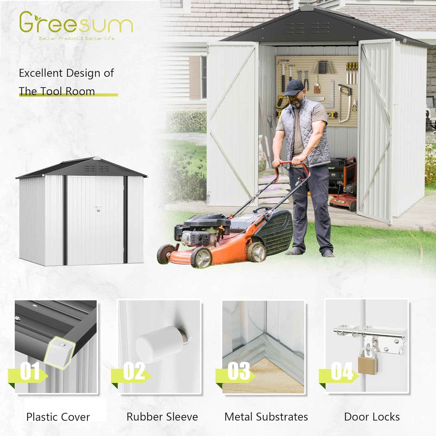 Greesum - Cobertizo de almacenamiento de metal para exteriores, 5 pies x 3 pies, herramienta de acero para cobertizo de almacenamiento con puerta y cerradura, para patio trasero, jardín, patio, césped (5 x 3 pulgadas), color café