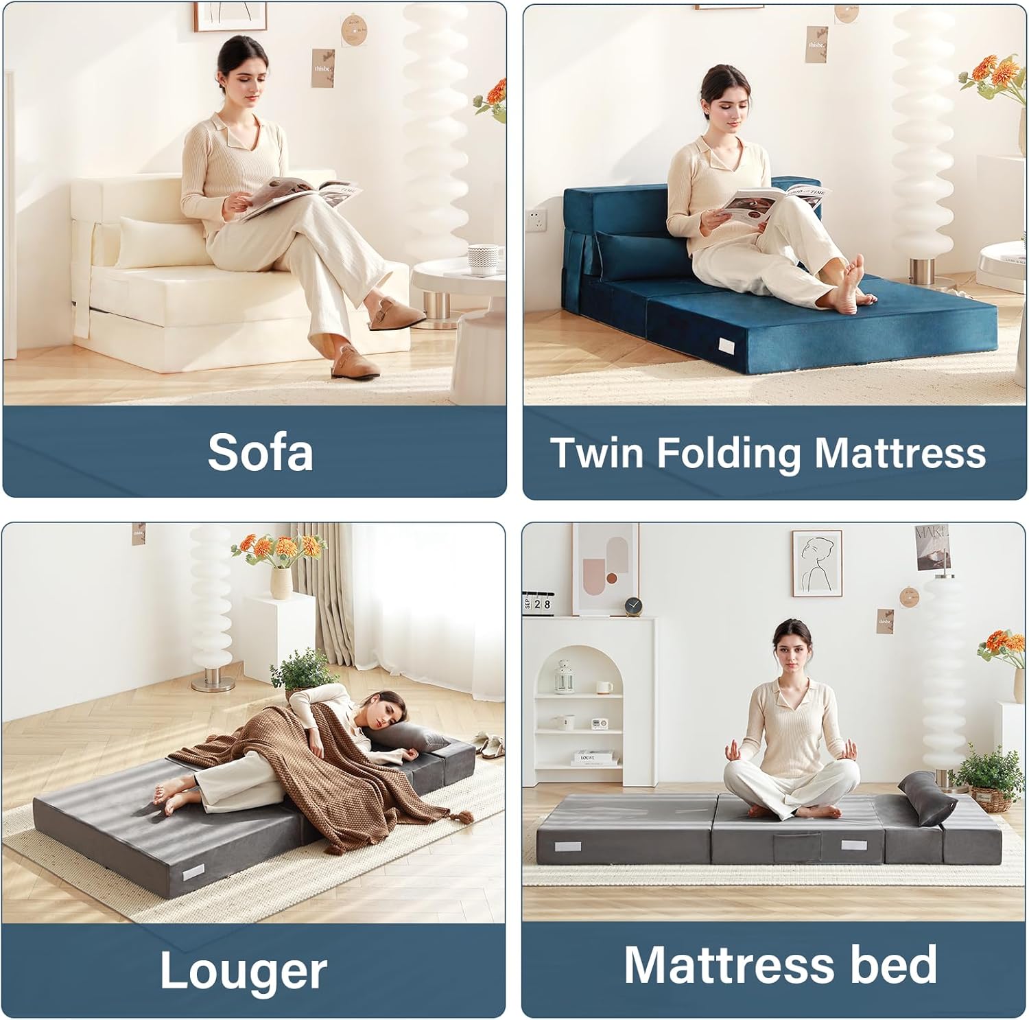 Tiita - Sillón de futón, tamaño individual, sofá cama plegable con almohada, colchón de piso y futón para sala de estar, recámara, uso de invitados, departamento