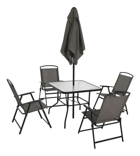 Mesa/sillas De Jardin, Vidrio Templado Con Sombrilla, Beige