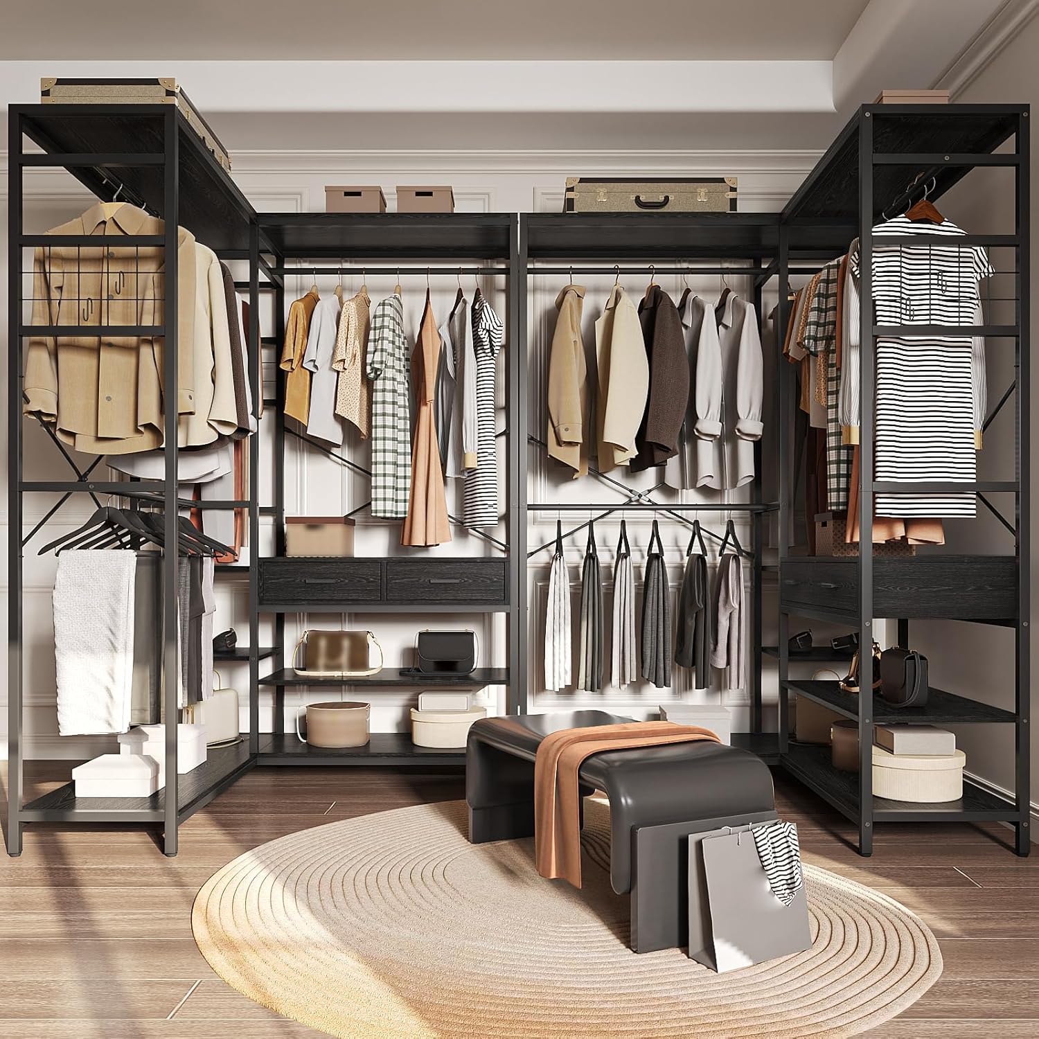 Simple Wisdom Closet Armables Para Ropa,2M Perchero Para Ropa Esquina en Forma de L,Closet Para Ropas Con 2 Cajones de Madera,Rack Para Ropas Con 5 Estantes Abiertos (Negro)