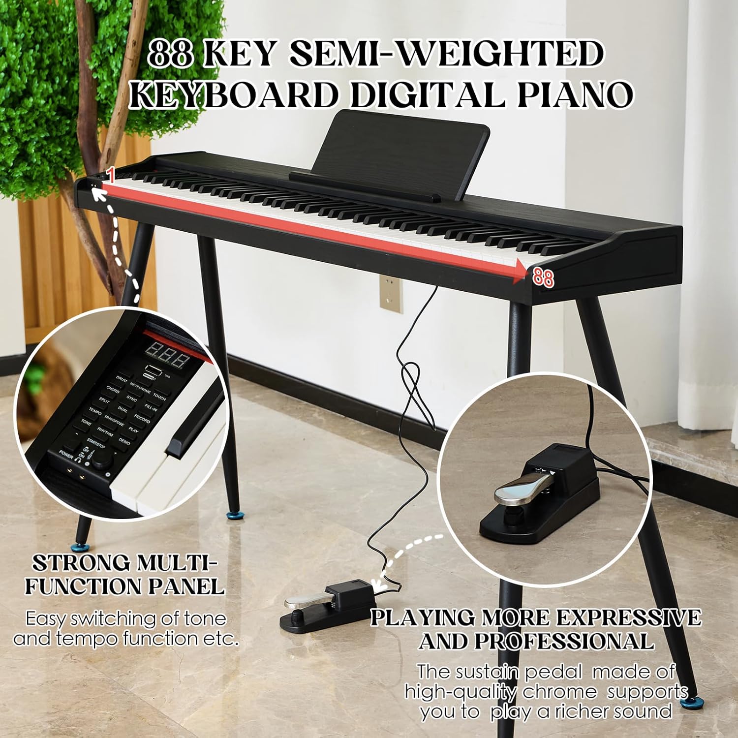 Teclado digital para piano de 88 teclas semiponderado, piano eléctrico de tamaño completo para principiantes, con soporte de partitura, pedal, adaptador de corriente, modo de auriculares,