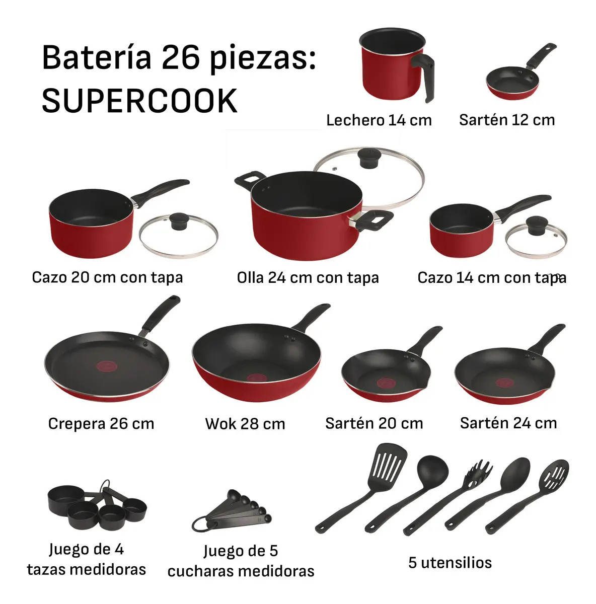 Batería de Cocina T-Fal de 26 piezas, con antiadherente Titanium, base de difusión y termo señal, Supercook Roja, B464SZ84