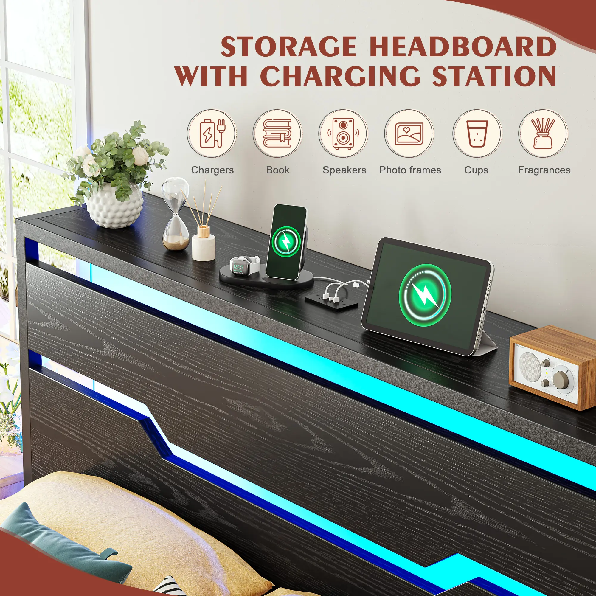 Estructura de cama Raybee con luces LED (tamaños Queen, King y Full), cabecero y estante de almacenamiento; diseño moderno e industrial de madera y metal con estación de carga integrada; silenciosa y resistente (capacidad de 900 libras); incluye somier de